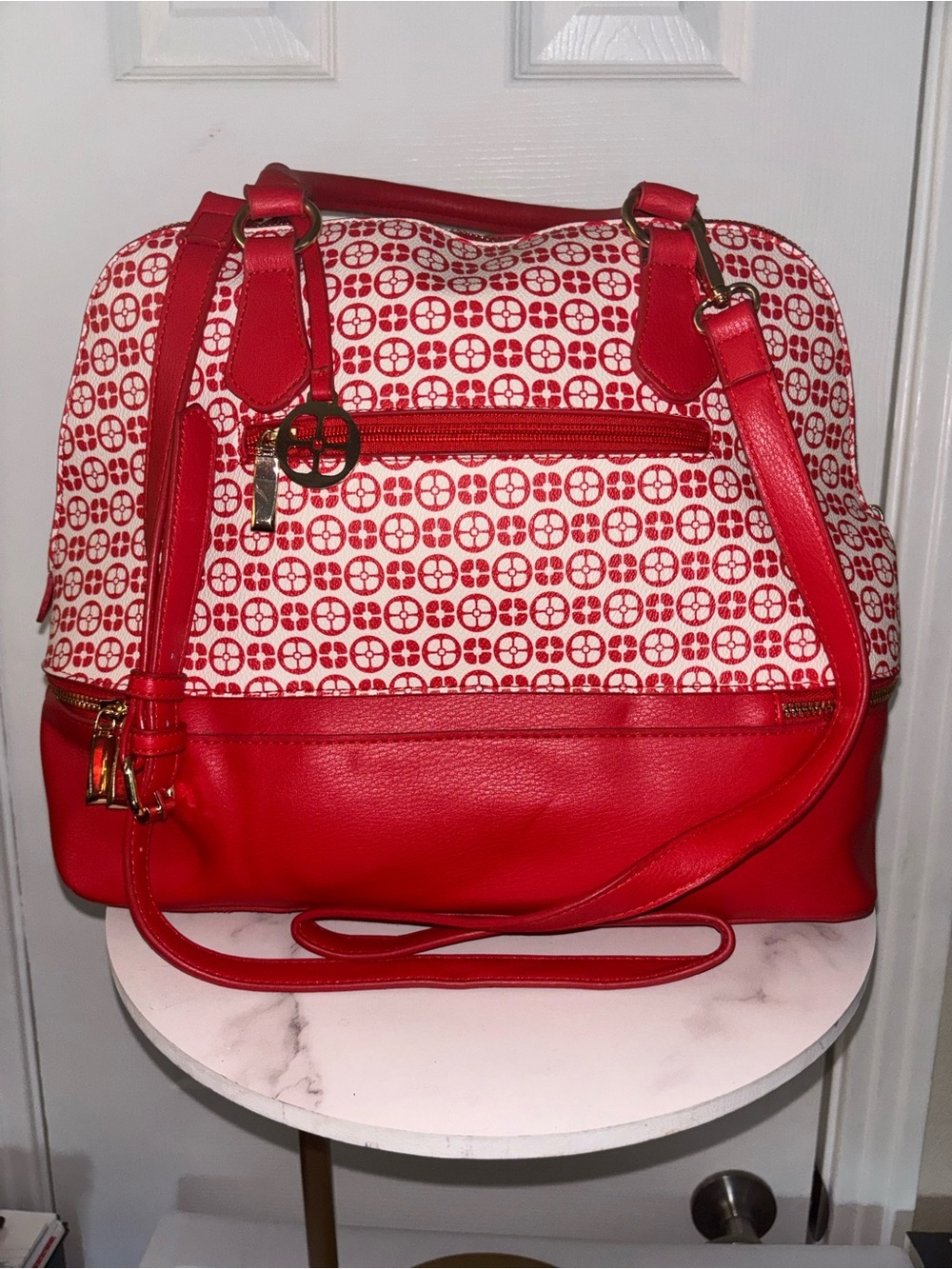 IMAN Red and White Patterned Shoulder Satchel